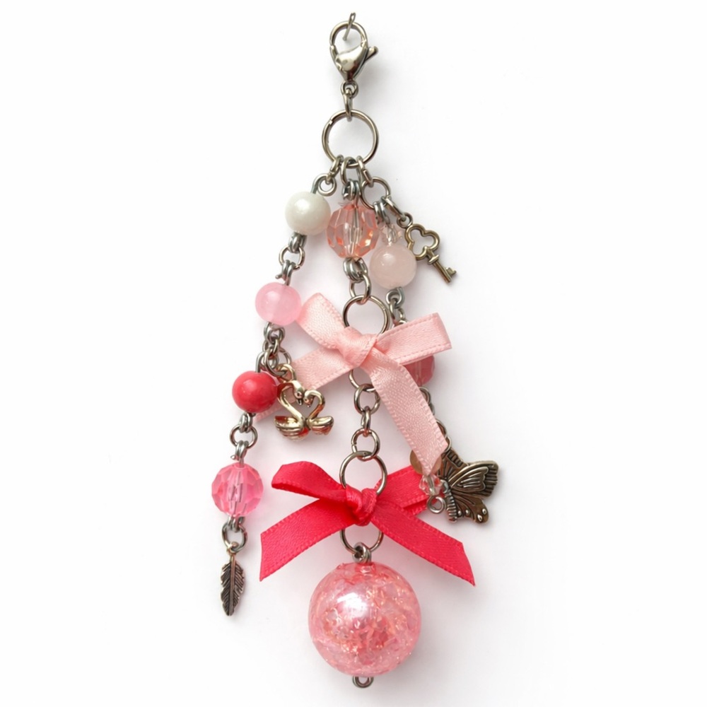 Pink Bow Butterfly Feather Swan Beaded Charm - Keychain Bag Charm Zipper Pull